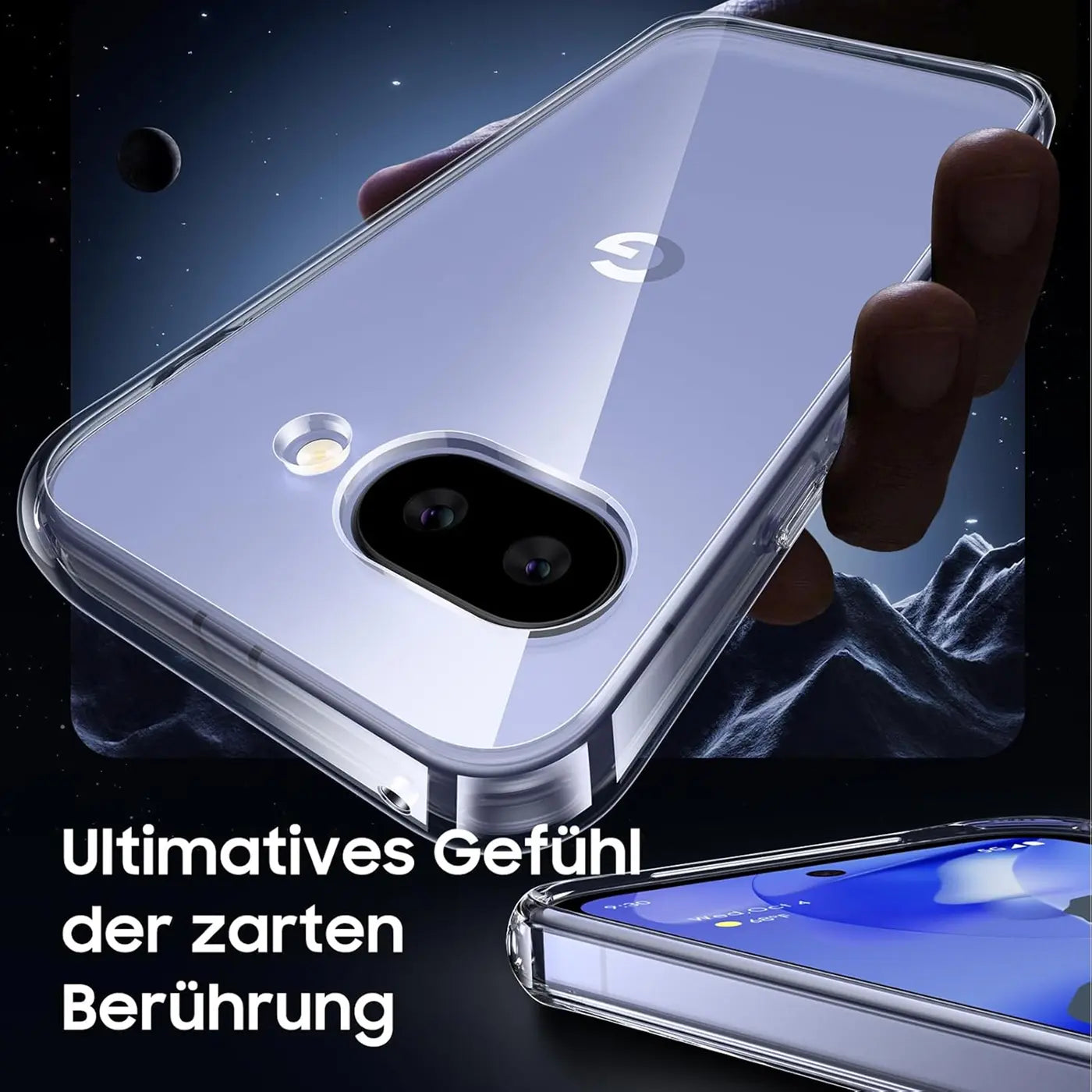 Klares, transparentes Silikon-Case für Google Pixel 9a, von hinten oben links fotografiert.