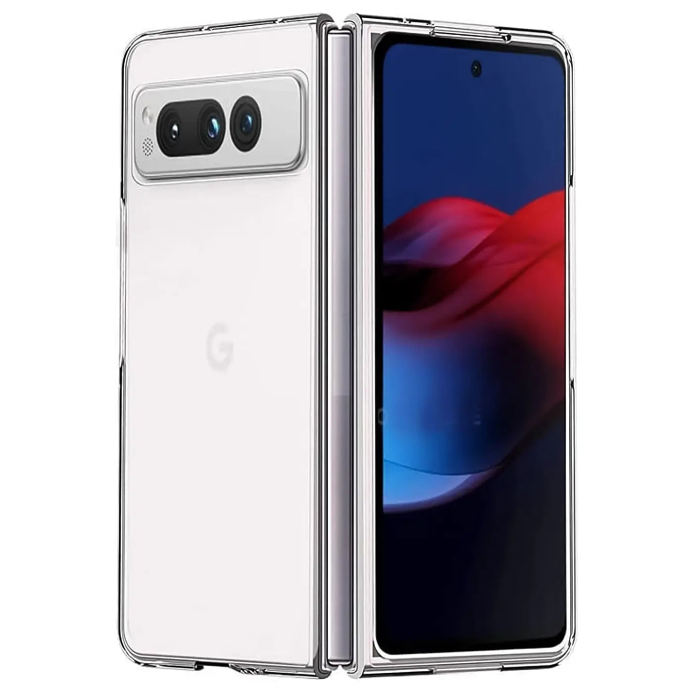 Transparentes, glänzendes Silikon-Case auf einem geöffneten Google Pixel Fold, leicht schräg von vorne rechts.