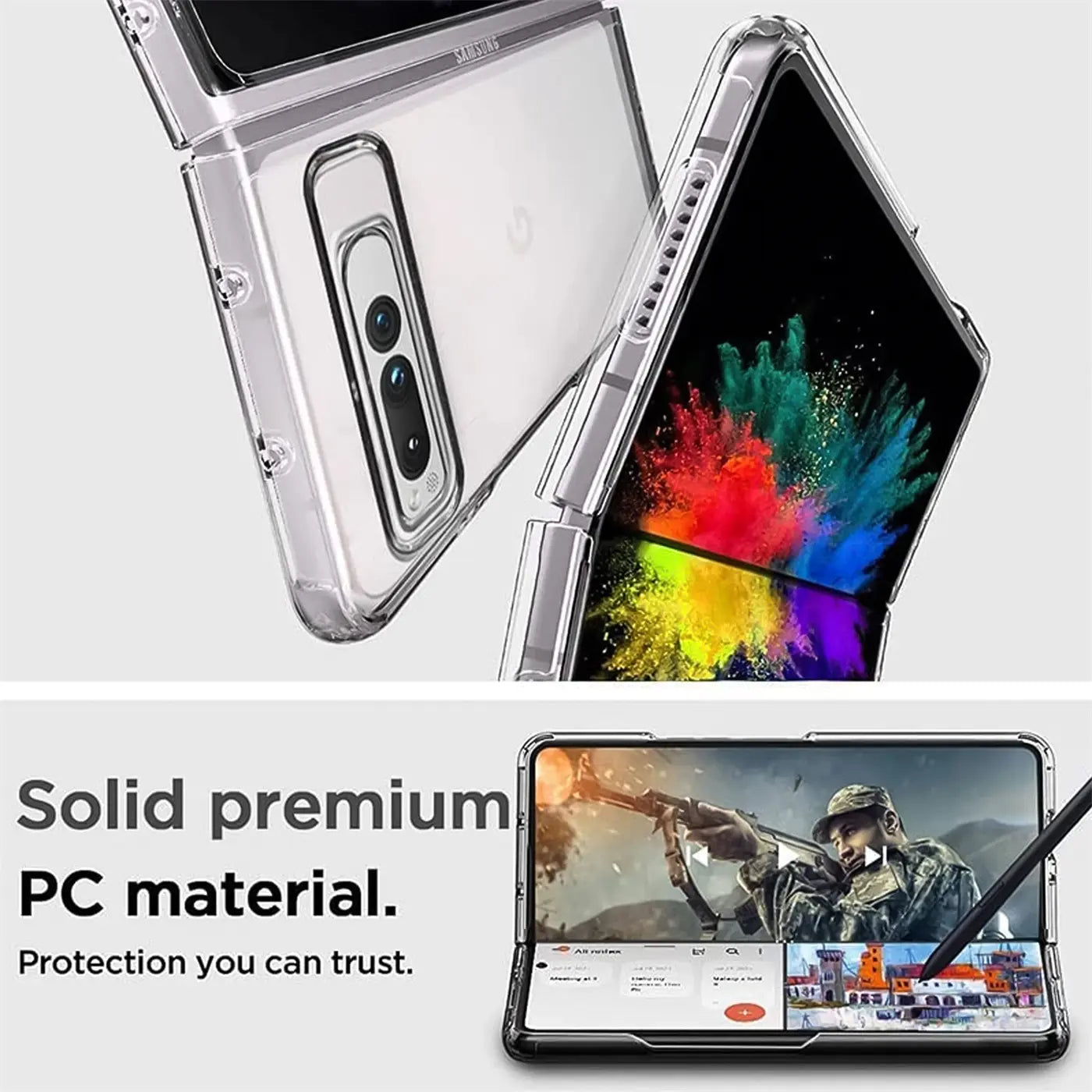 Transparentes, ultra-schlankes PC-Case für Google Pixel Fold, schräg von oben und frontal gezeigt.