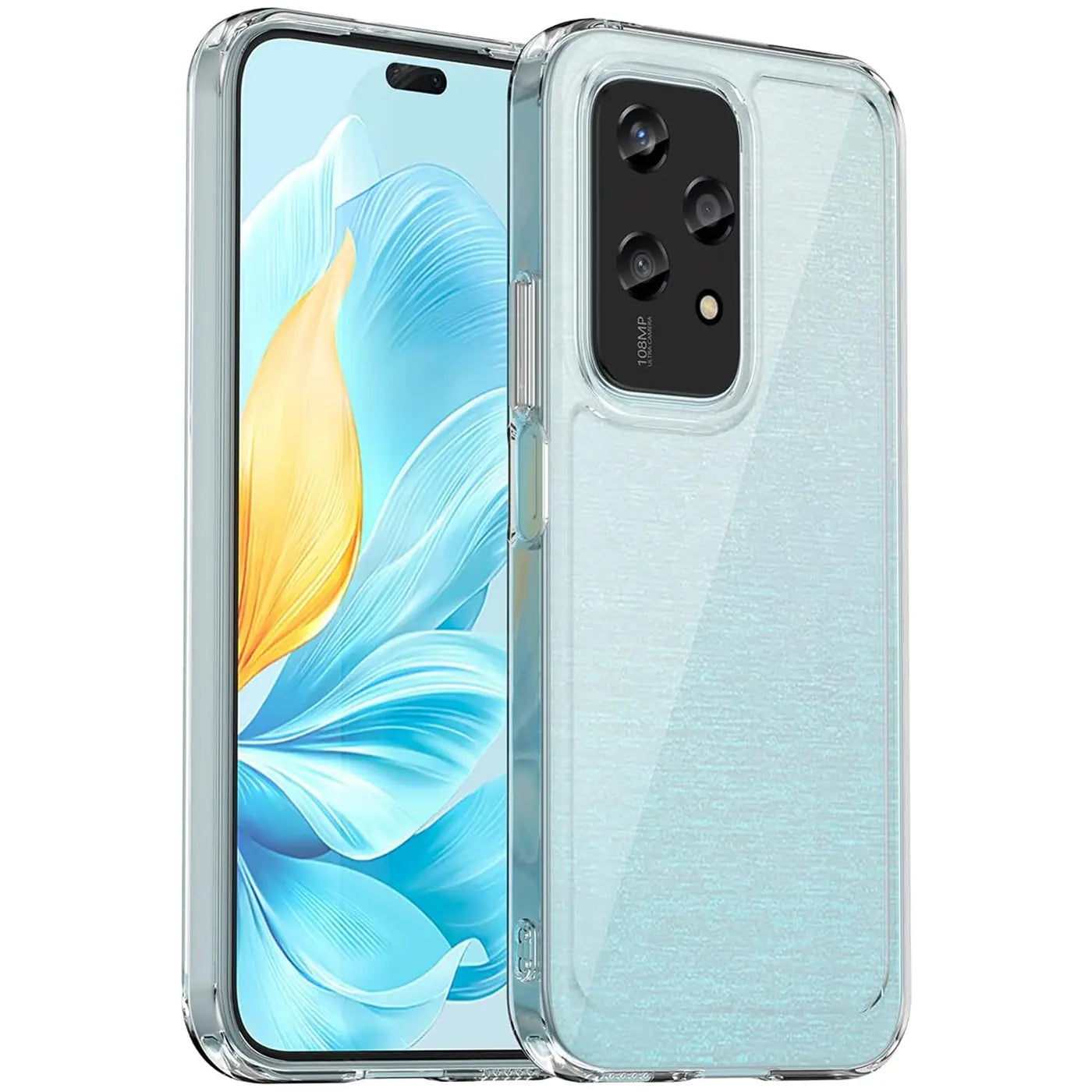 Klares Handyhülle aus TPU mit gebürsteter Textur, zeigt Honor 200 Lite von vorne und hinten.