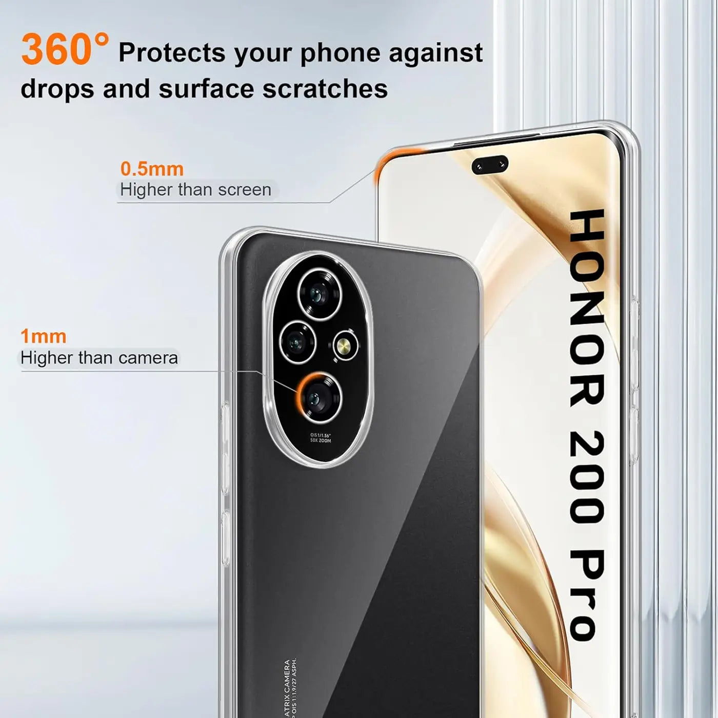 Klar, transparentes Case aus Kunststoff, Rückansicht mit Kamera, Vorderansicht mit Honor 200 Pro.