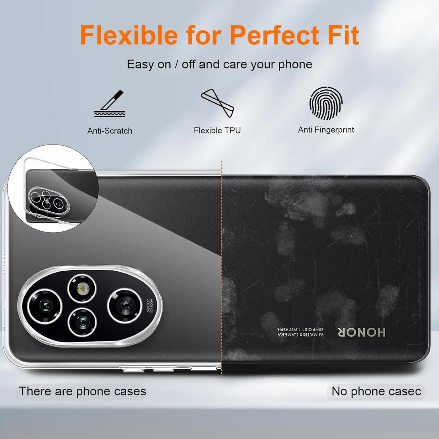 Klarhülle aus TPU für Honor 200 Pro, Rückansicht, zeigt Kameras.