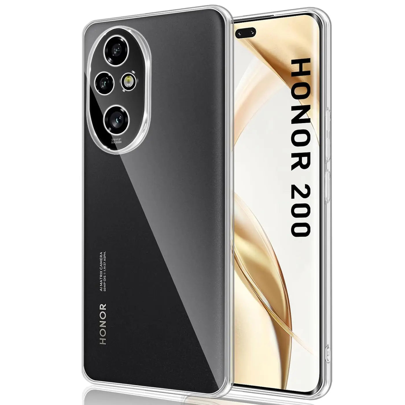 Honor 200 Smartphone in transparentem Silikoncase, Vorder- und Rückansicht, Nahaufnahme.