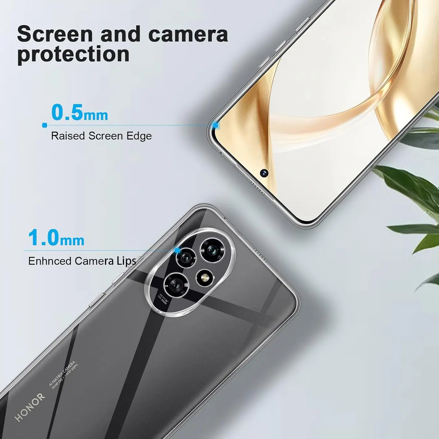 Klares Honor 200 Handy-Case, transparent, von oben und unten gezeigt.