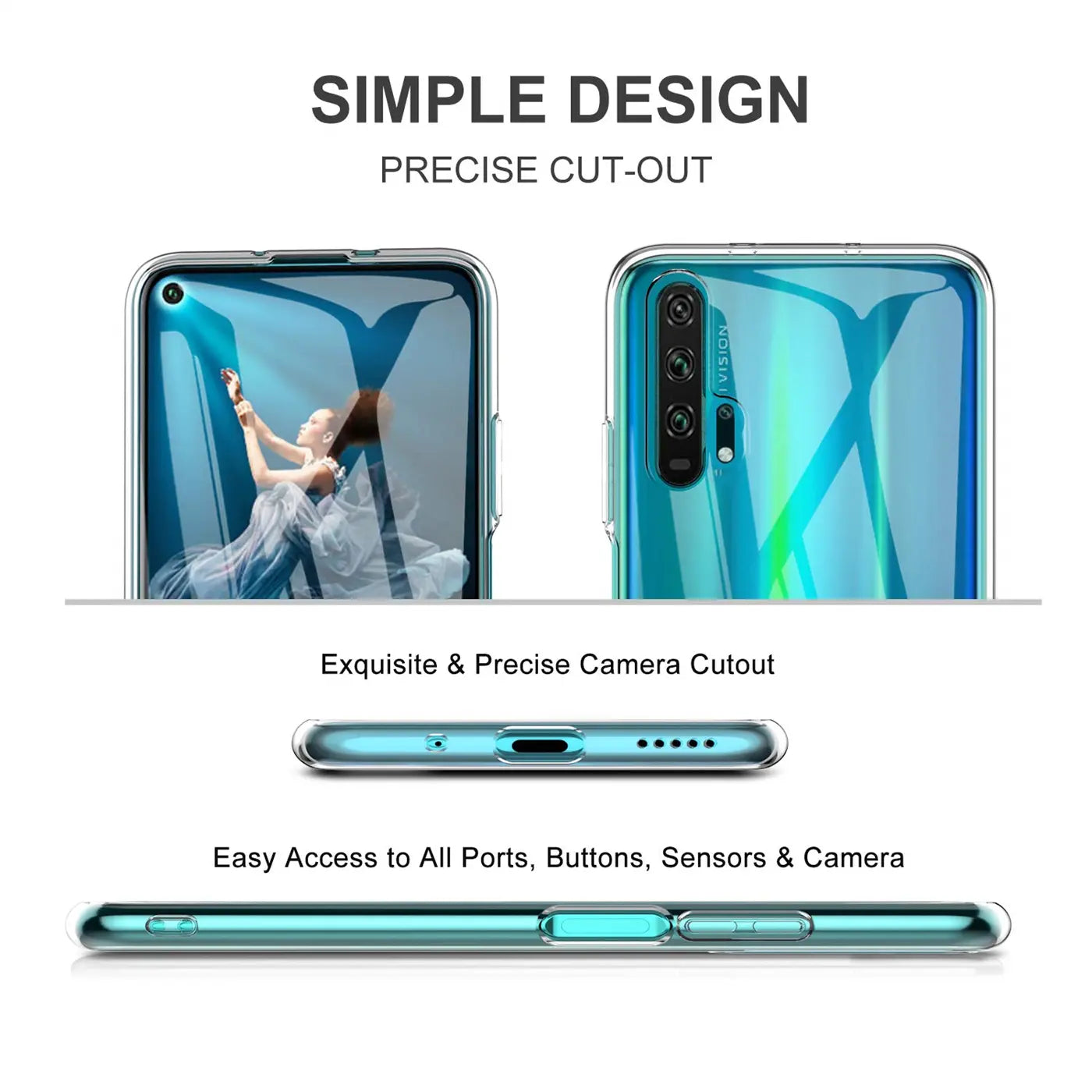 Klarhülle aus Kunststoff, zeigt Vorder- und Rückseite eines Honor 20 Pro, Unterseite und Seite.