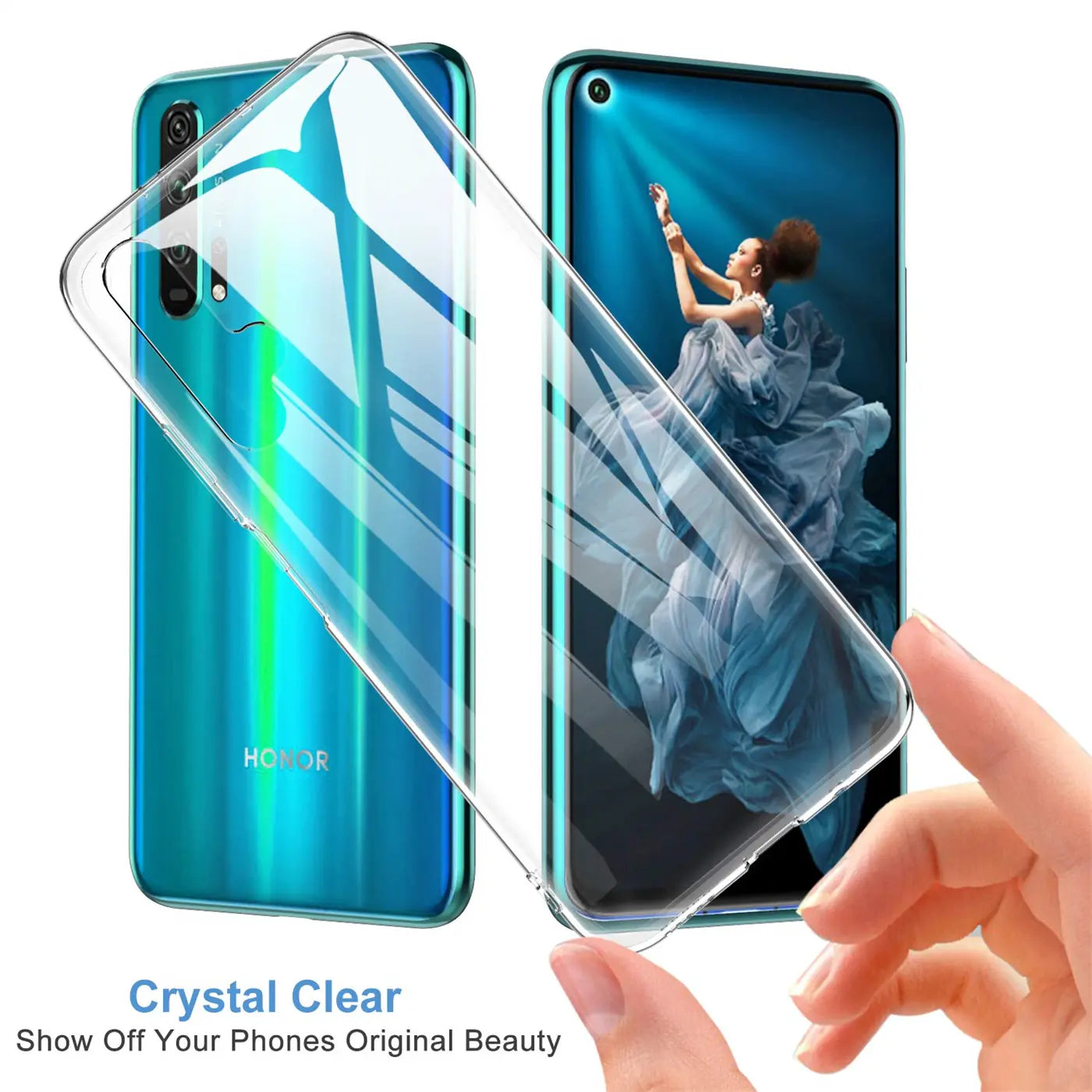 Klares, transparentes Handyhülle aus Kunststoff, zeigt Honor 20 Pro von vorne und hinten.