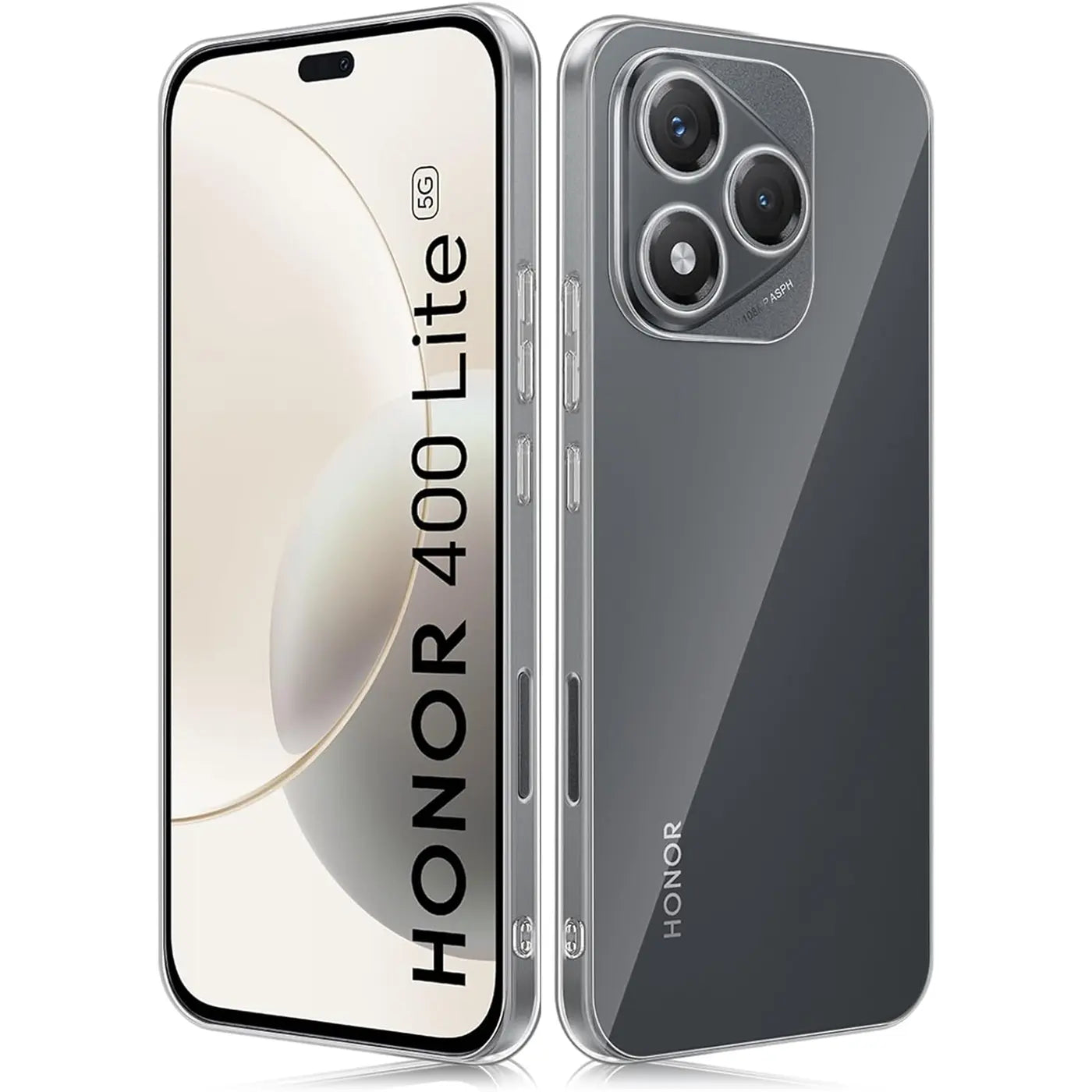 Honor 400 Lite in klarem, transparentem Case, Vorder- und Rückansicht, aus Kunststoff.