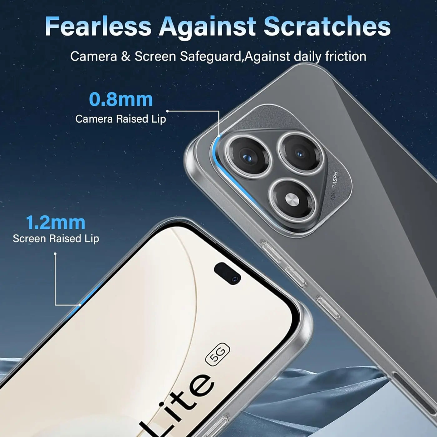 Klarhülle aus Kunststoff, Nahaufnahme von Honor 400 Lite Rückseite und Vorderseite.