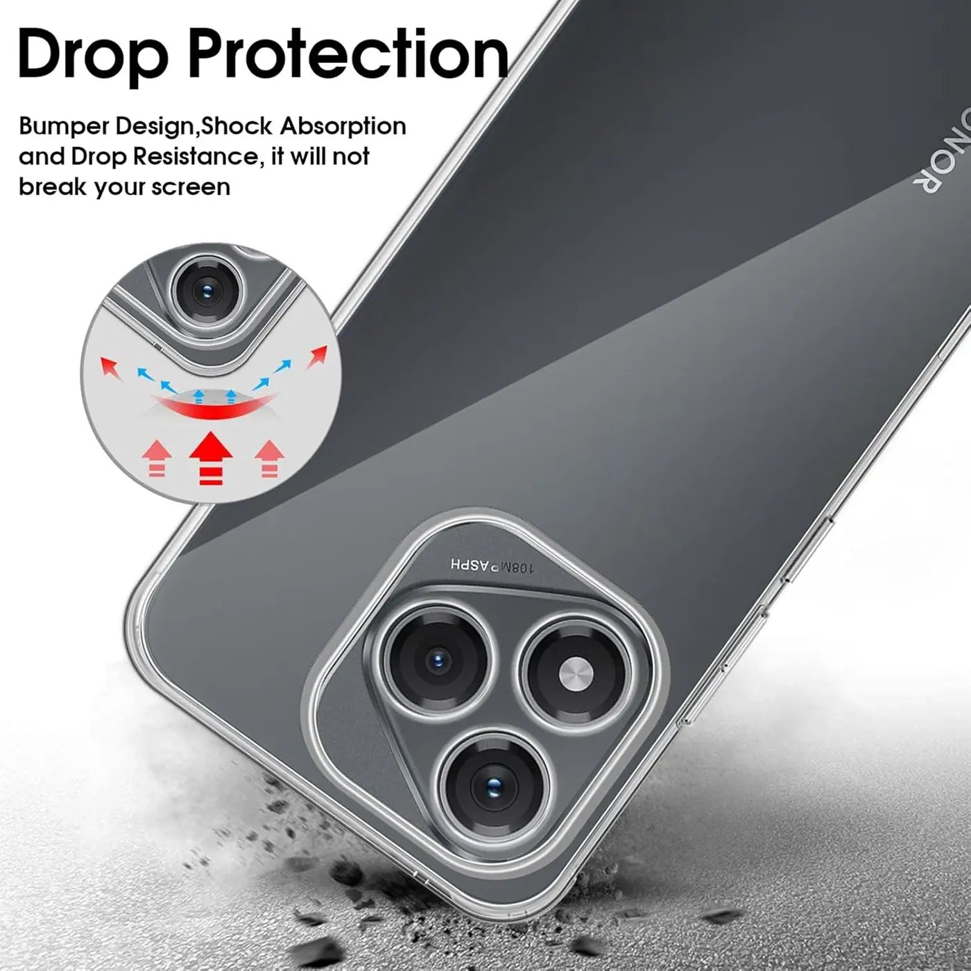 Honor 400 Lite Handy in transparentem Silikon-Case, Rückansicht, Nahaufnahme.