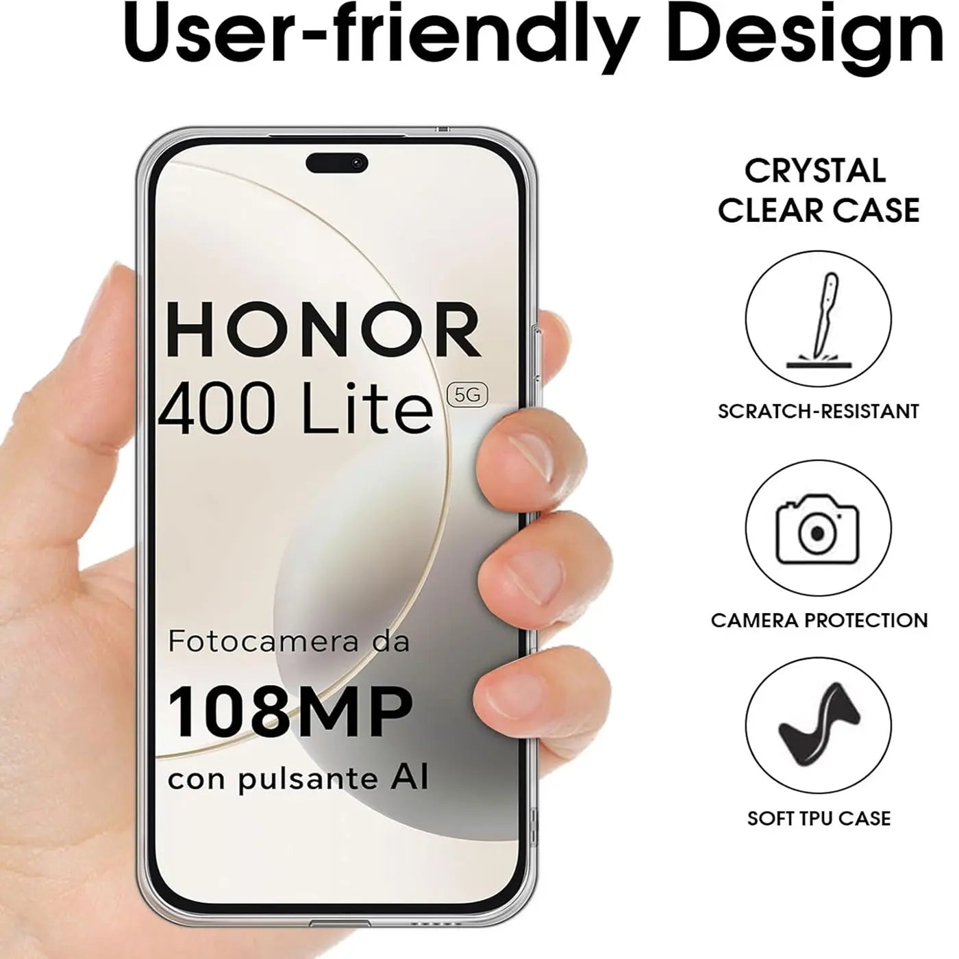 Transparente Hülle aus TPU, die ein Honor 400 Lite Smartphone zeigt, von vorne.