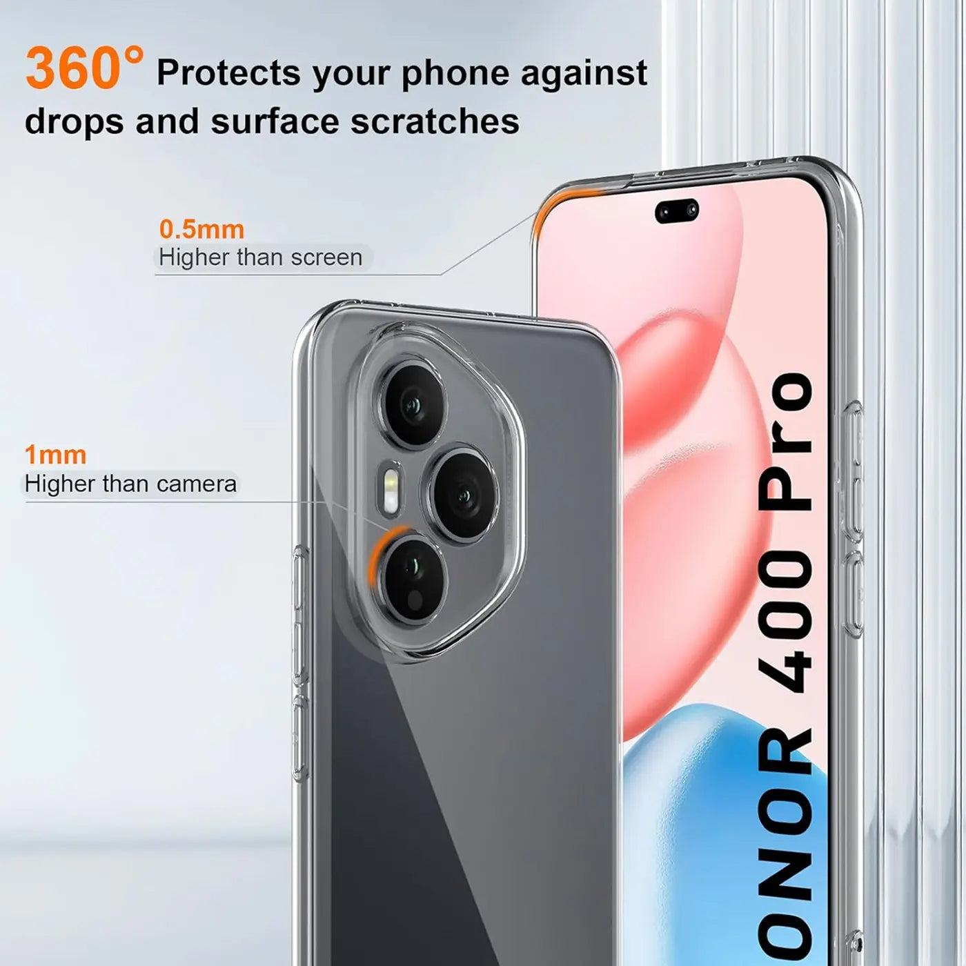 Klar, transparentes Honor 400 Pro Handy mit Hülle, Rückseite und Vorderseite sichtbar.