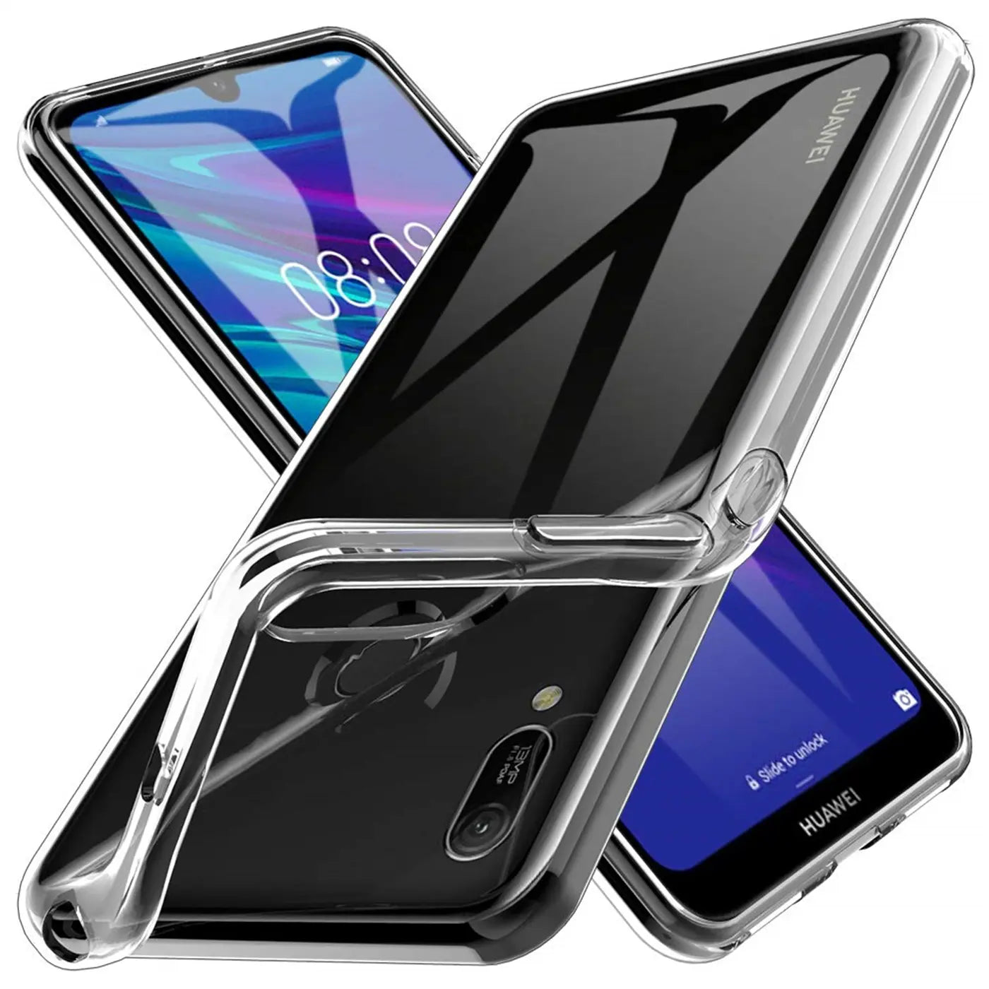 Klares Silikon-Case um ein Honor 8A. Nahaufnahme, von vorne schräg.