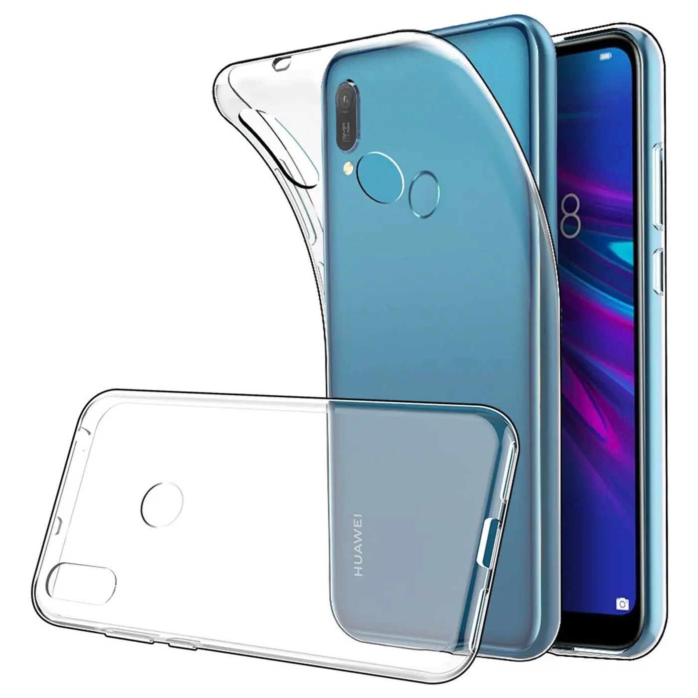 Klares Silikoncase, Nahaufnahme, Honor 8A Smartphone mit blauer Rückseite.