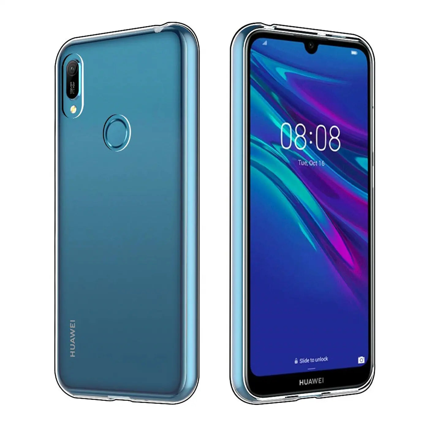 Honor 8A Handy mit blauem, klarem Silikoncase. Rückseite und Vorderseite des Geräts.