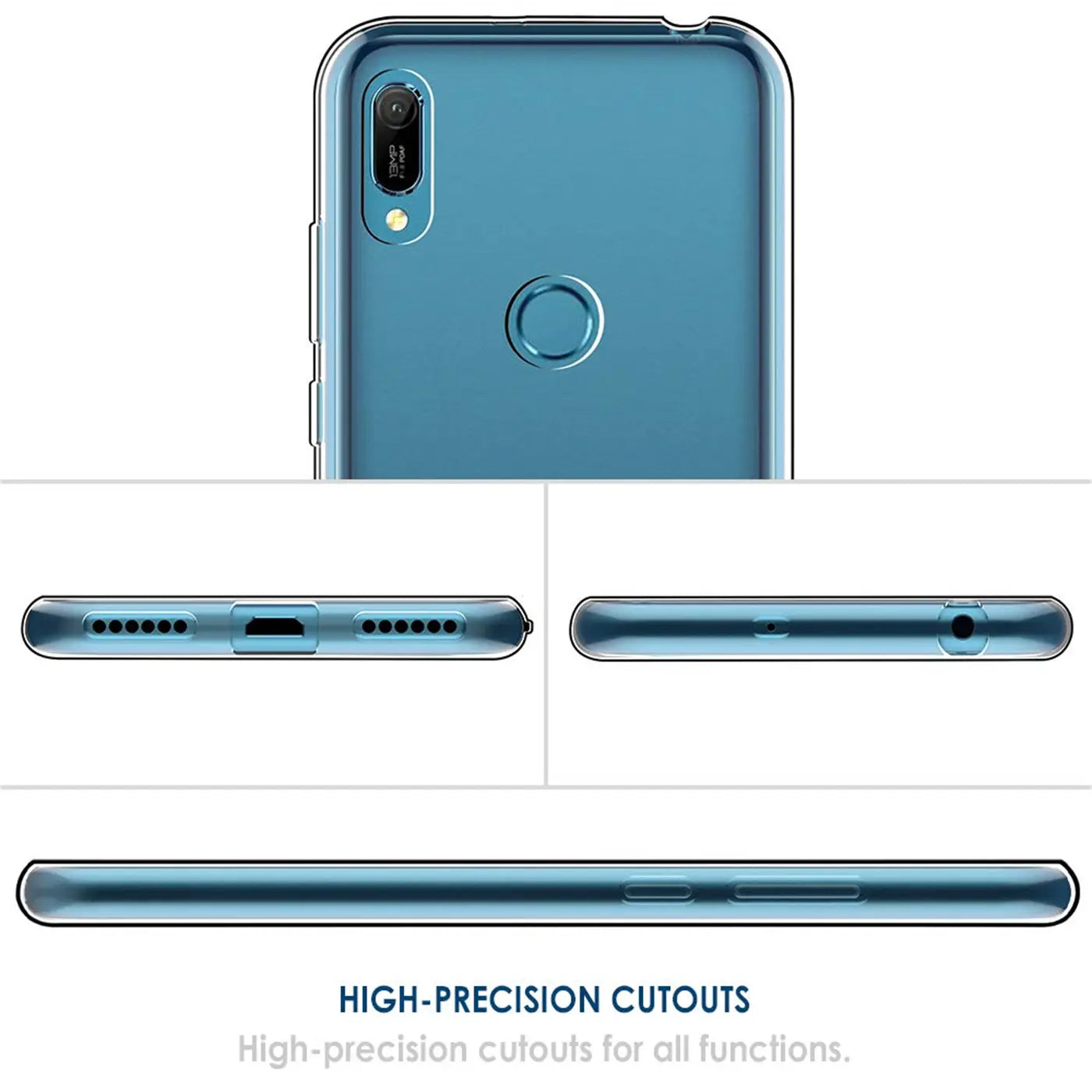 Honor 8A im klaren, dünnen Case. Rückseite, Unterseite, Oberseite und Seitenansicht.