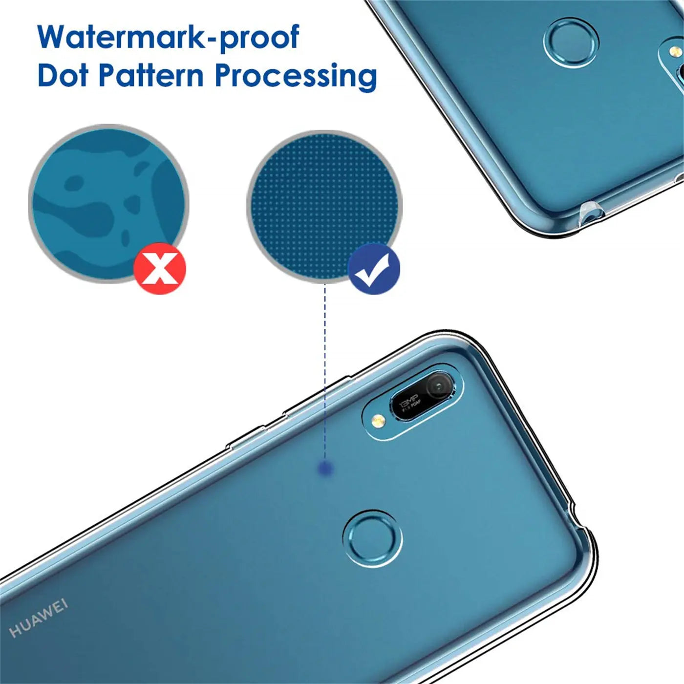 Klar, durchsichtiges Honor 8A Handy-Case aus Kunststoff, Rückansicht, Nahaufnahme.