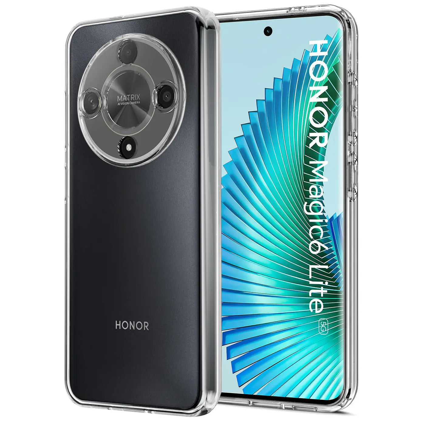 Honor Magic 6 Lite in klarem Silikoncase, von vorne und hinten gezeigt, Nahaufnahme.