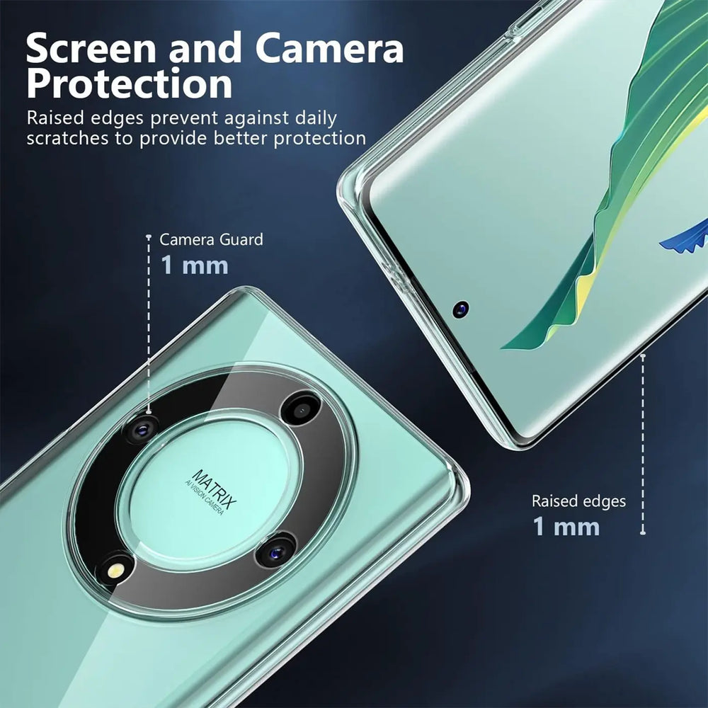 Honor Magic 6 Lite mit transparentem Silikon-Case, Rückansicht und Seitenansicht.
