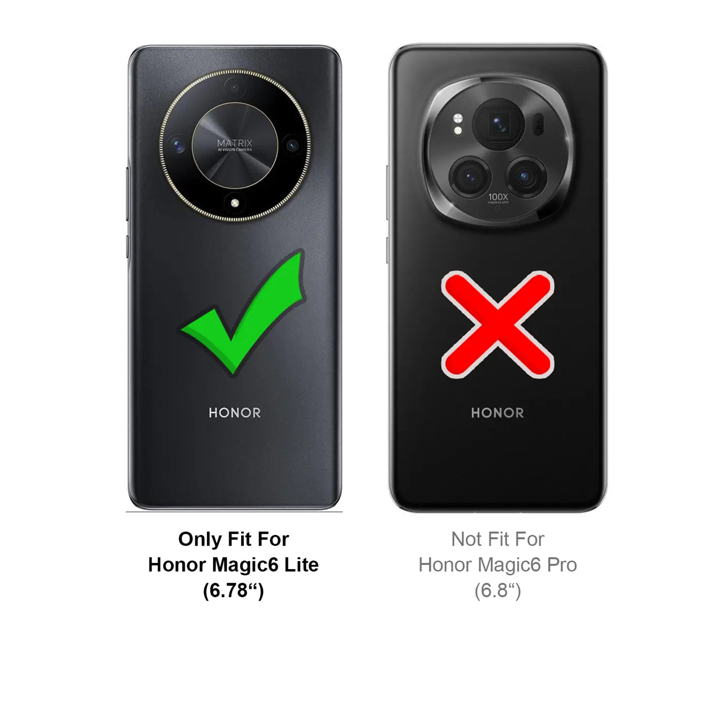 Rückseite eines schwarzen Honor Magic6 Lite (links) und Honor Magic6 Pro (rechts) mit Symbolen.