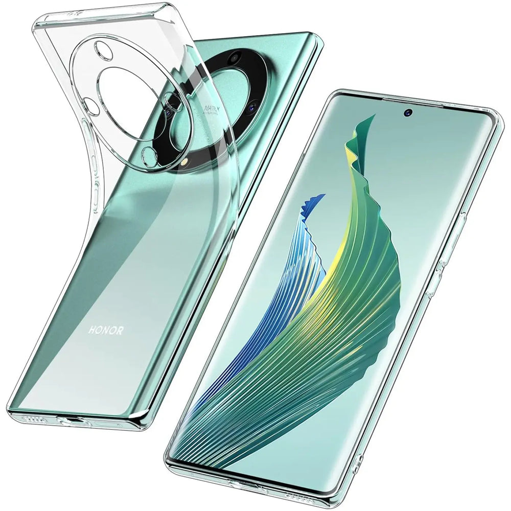 Klarhülle aus TPU, Honor Magic 6 Lite von vorne und hinten, leicht schräg von oben.