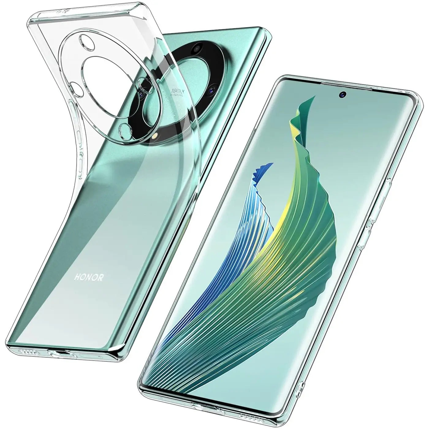 Klarhülle aus TPU, Honor Magic 6 Lite von vorne und hinten, leicht schräg von oben.