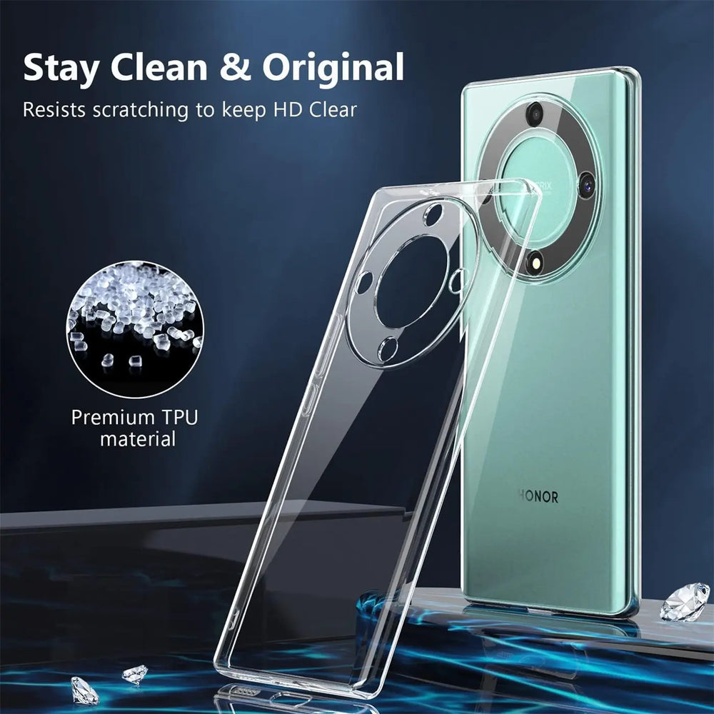 Klares TPU-Case liegt neben einem grünen Honor Magic 6 Lite. Von vorne.