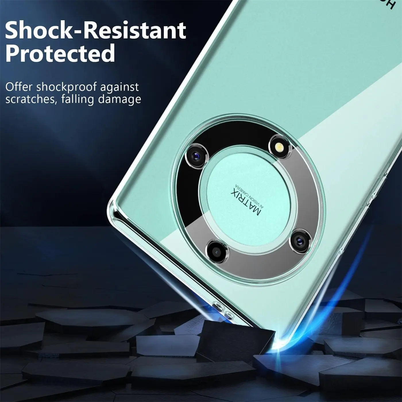 Honor Magic 6 Lite, transparentes TPU-Case, Rückansicht, Nahaufnahme.