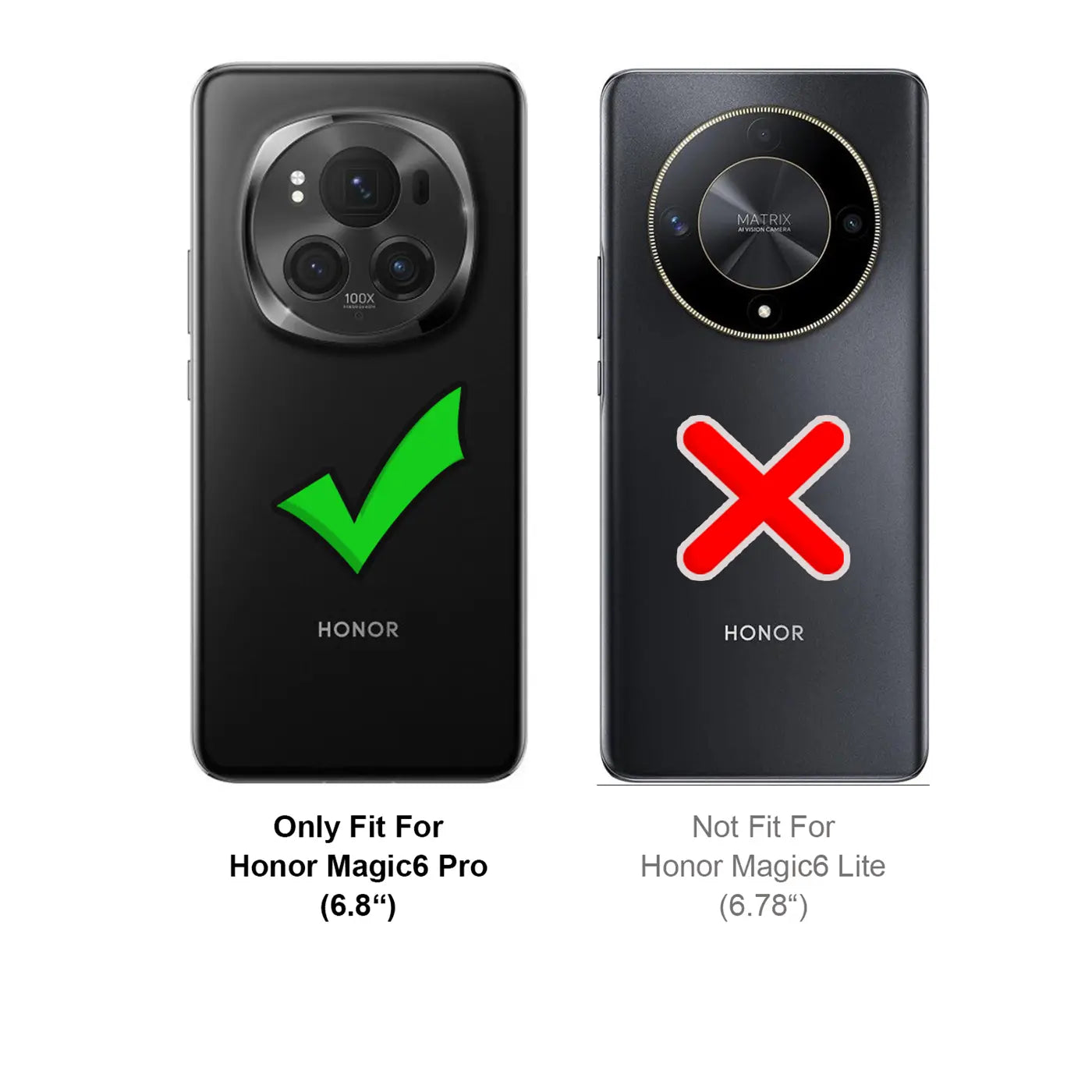 Rückseite Honor Magic6 Pro (links, grün Haken) und Honor Magic6 Lite (rechts, rotes X).