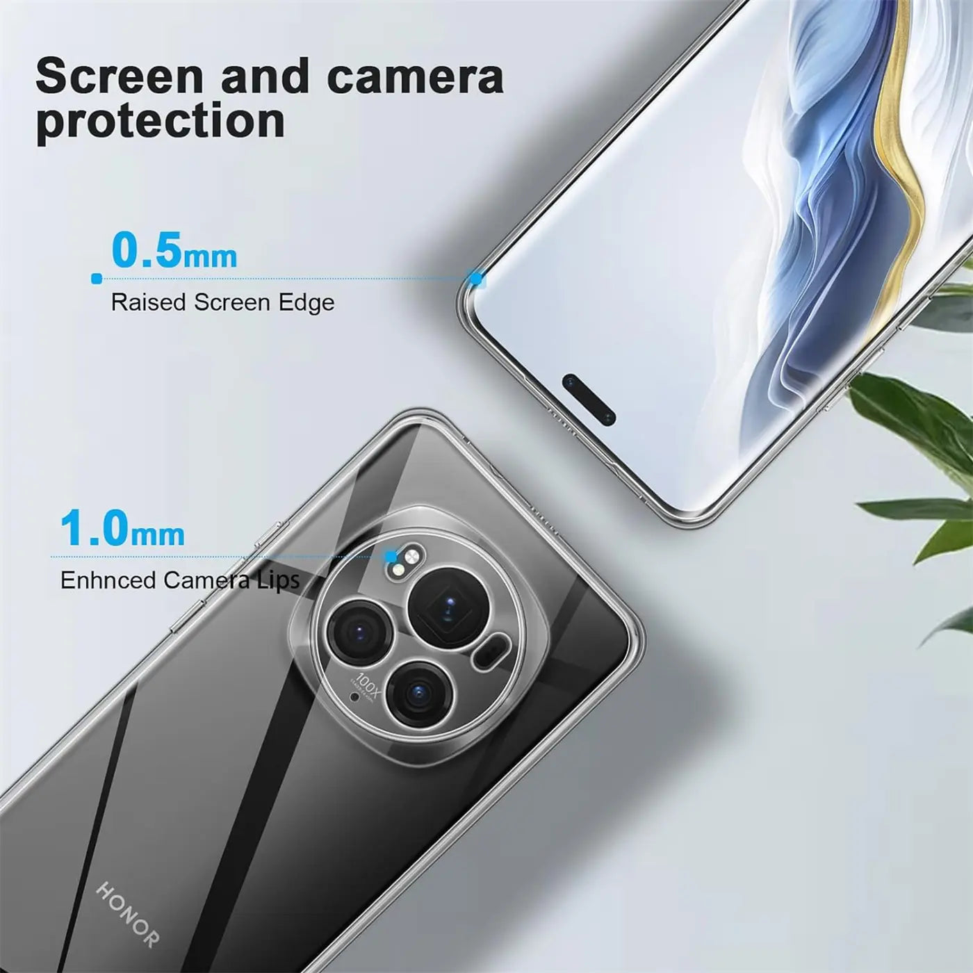 Klares Handyhülle aus Kunststoff, zeigt Rückseite und Vorderseite eines Honor Magic 6 Pro.