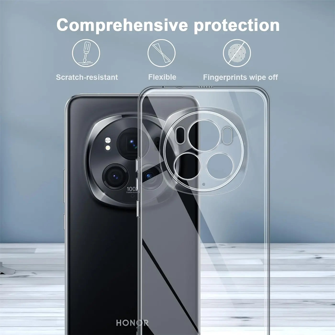 Klar transparentes Handyhülle aus Silikon über Honor Magic 6 Pro, Rückansicht.
