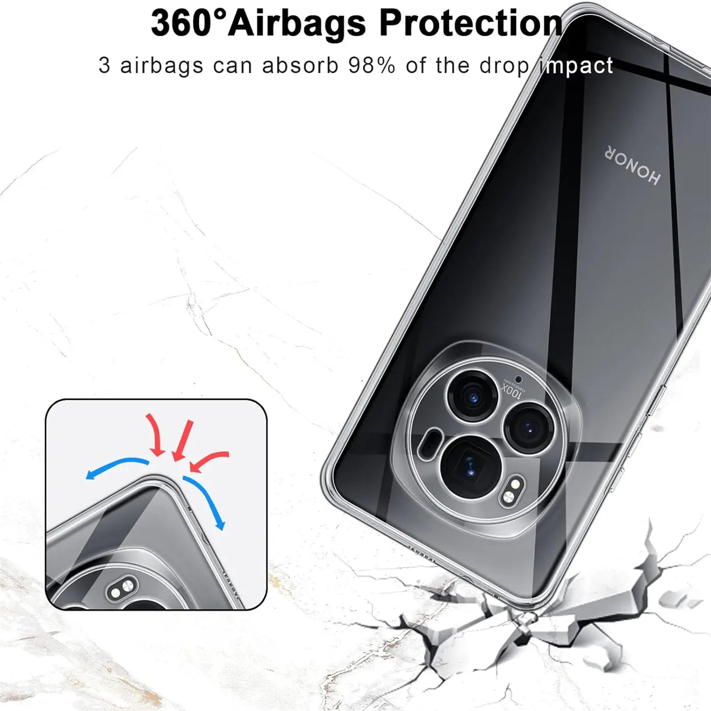 Klarhülle aus Kunststoff, Honor Magic 6 Pro von hinten, Nahaufnahme der Ecke.