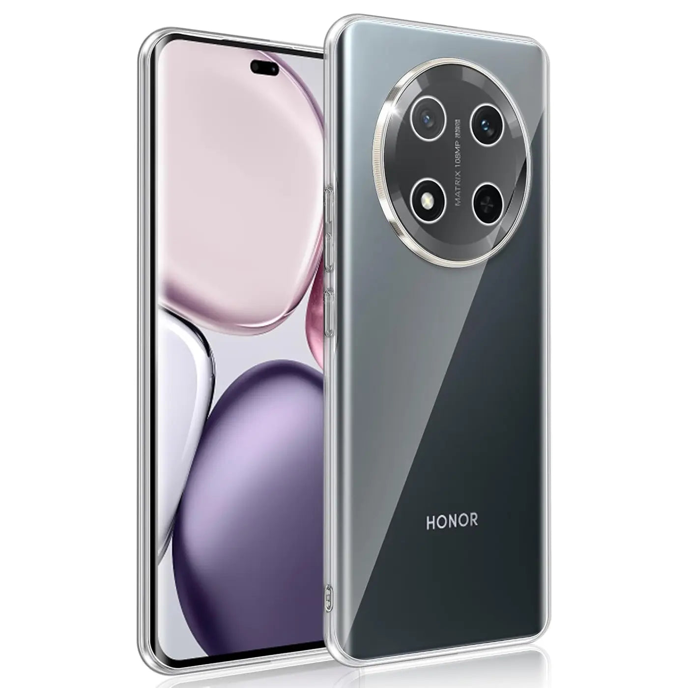Klares Handyhülle aus TPU, Honor Magic 7 Lite, von vorne und hinten gezeigt, Nahaufnahme.