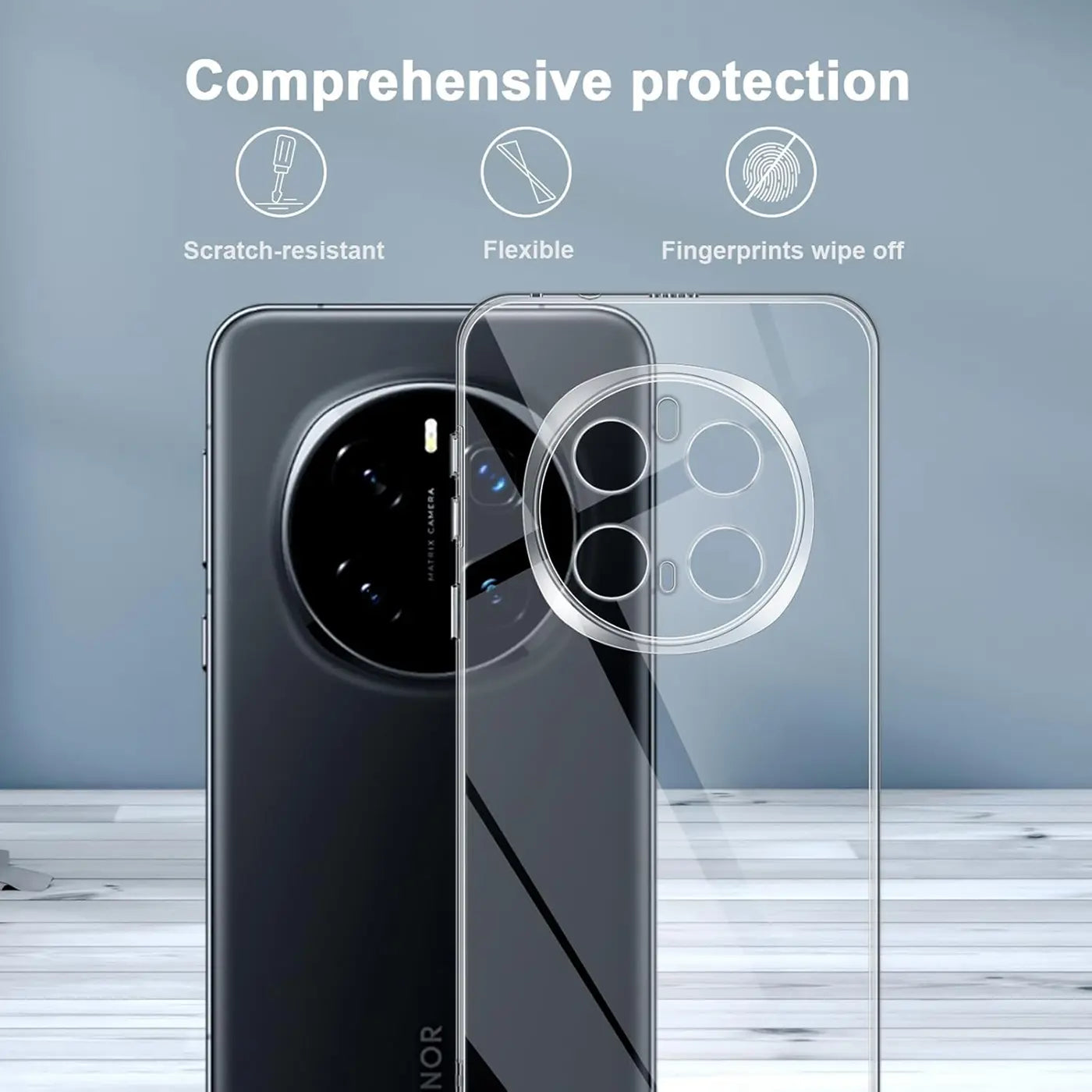 Klarhülle aus Kunststoff, zeigt Rückseite eines Honor Magic 7 Pro, von vorne.
