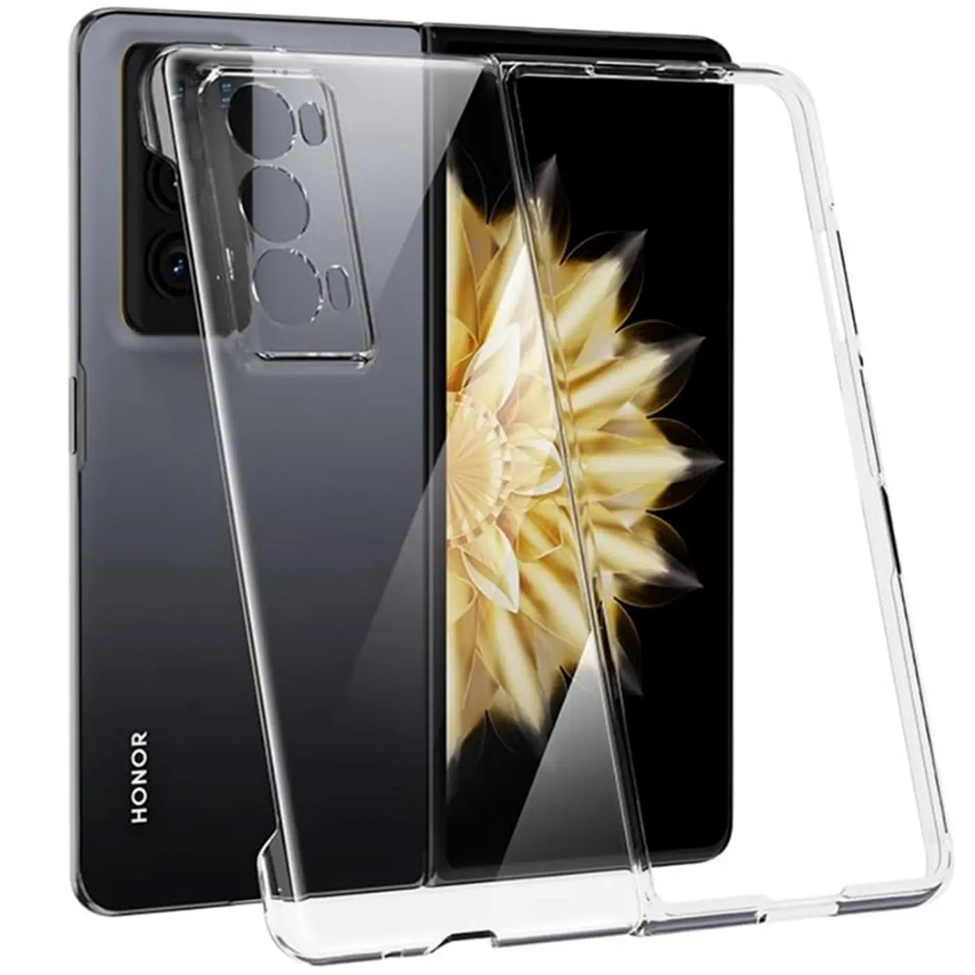 Klares Silikon-Case für Honor Magic V2, von vorne, mit dem Smartphone.