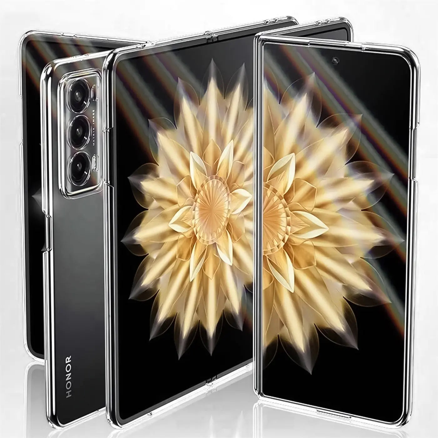 Klarer Handyhülle mit Honor Magic V2, von vorne und seitlich gezeigt.