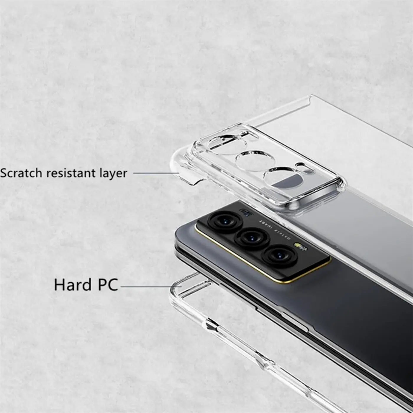 Transparente Hülle aus Hart-PC, Nahaufnahme, Honor Magic V2 mit Kamera