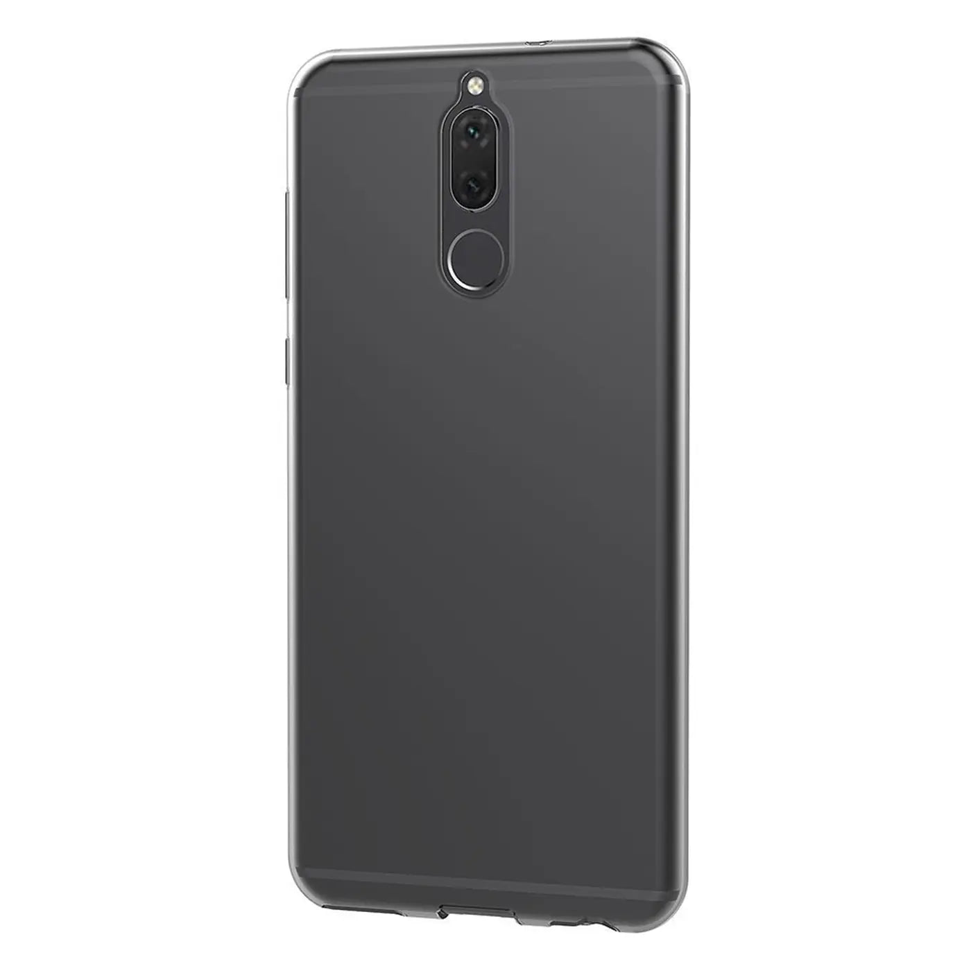 Graues, transparentes Huawei Mate 10 Lite in Hülle, Rückansicht, leicht schräg.