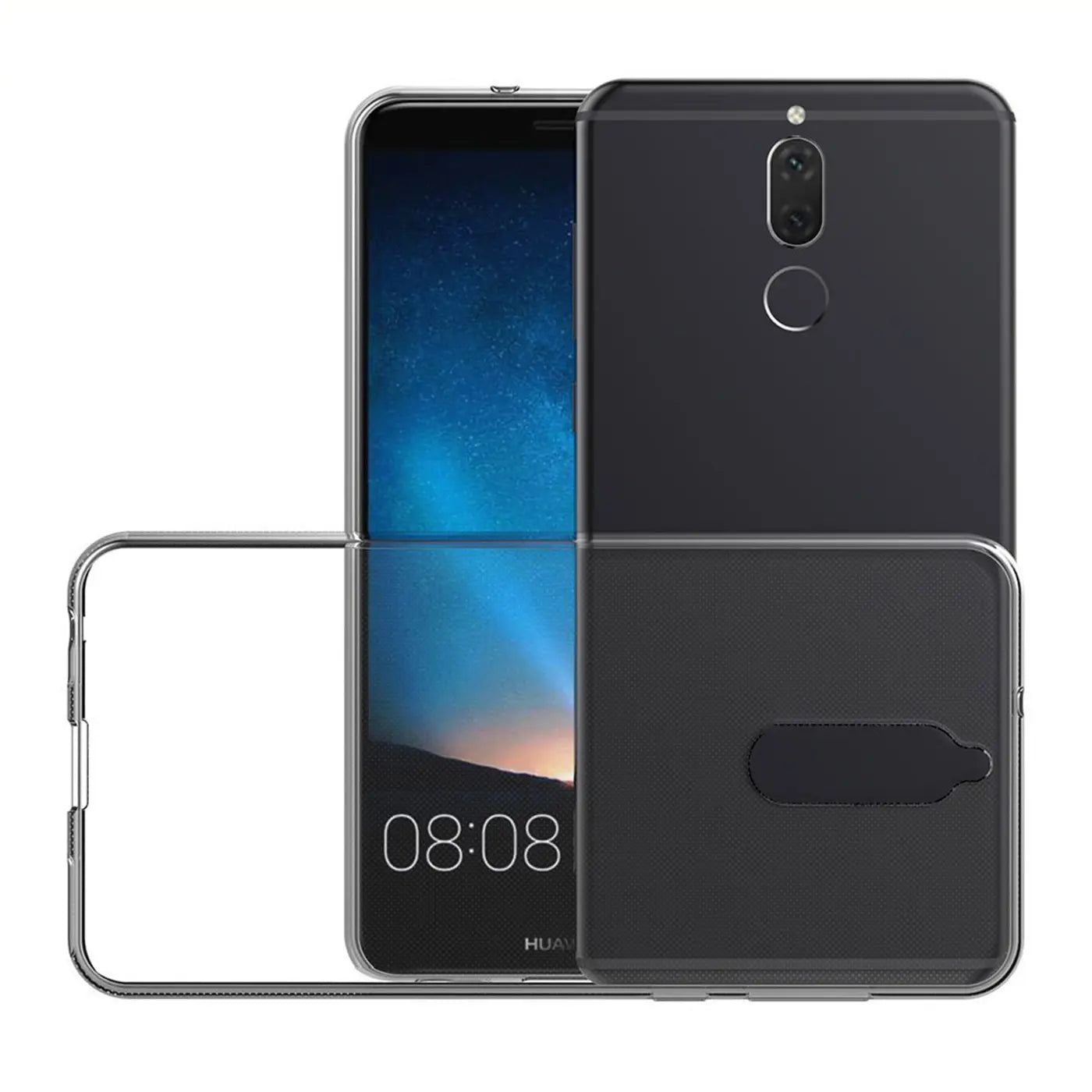 Klares, schlankes Handycase aus Kunststoff, zeigt Huawei Mate 10 Lite von vorne und hinten.