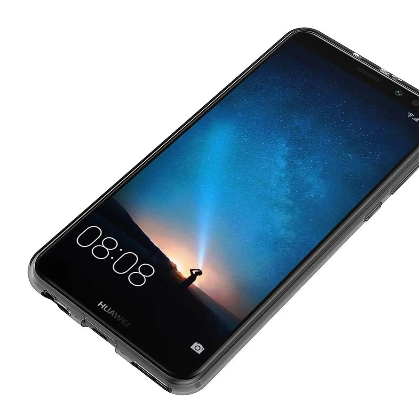 Huawei Mate 10 Lite in klarem, dünnem Kunststoff-Case, von schräg oben fotografiert.