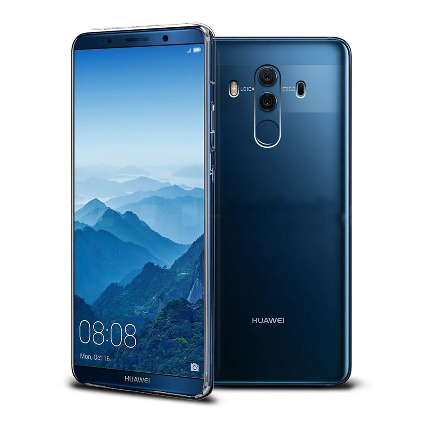 Blaues Huawei Mate 10 Pro mit transparentem Ultra-Slim-Case, von vorne und hinten gezeigt.