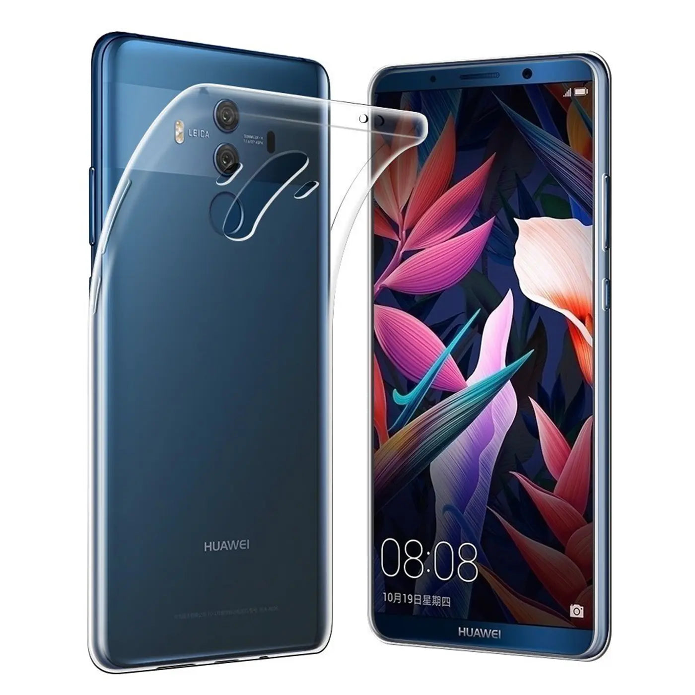 Klares, dünnes Schutzcase aus Kunststoff auf einem blauen Huawei Mate 10 Pro, von vorne und hinten gezeigt.