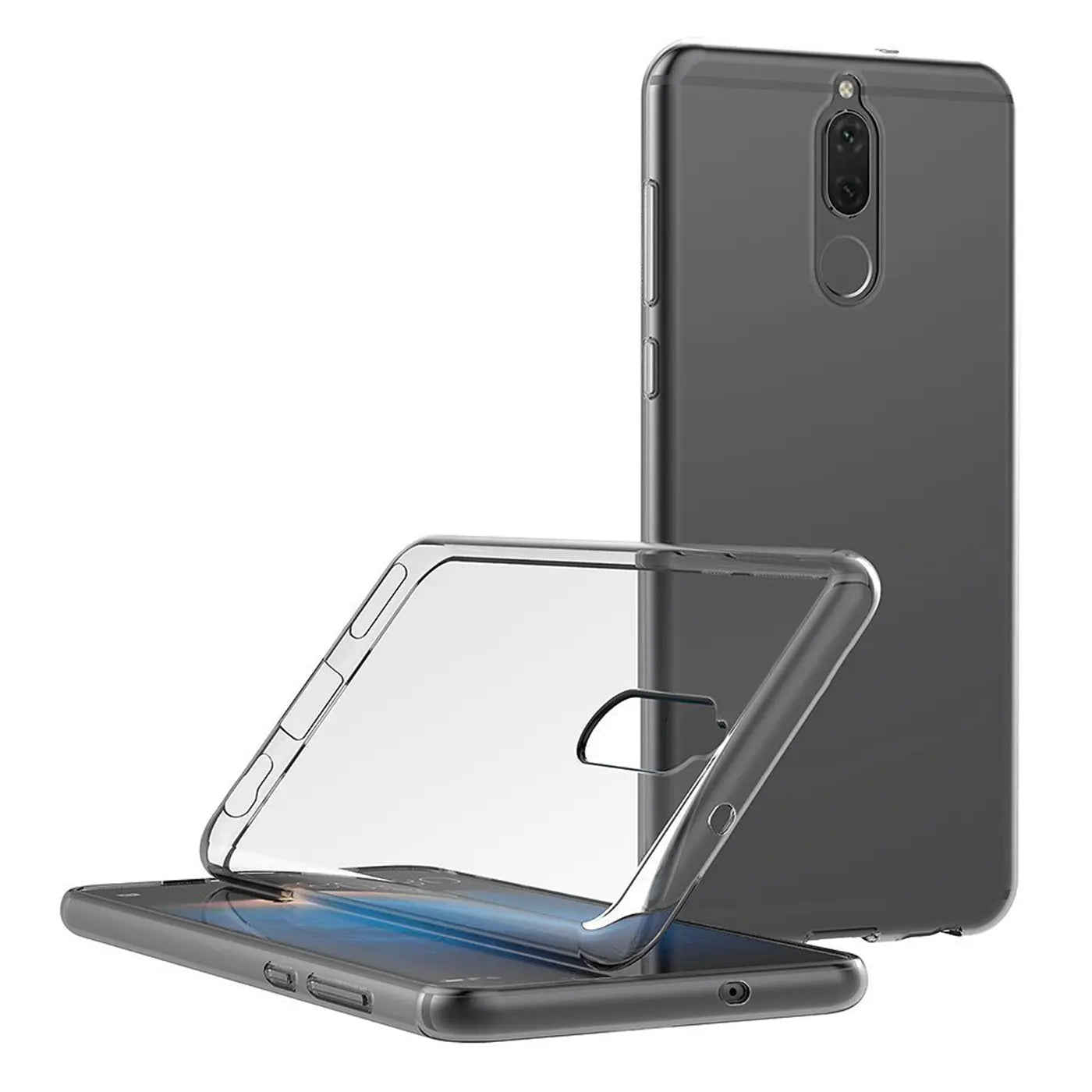 Klarhülle aus TPU liegt auf grauem Huawei Mate 10 Pro, Rückansicht.