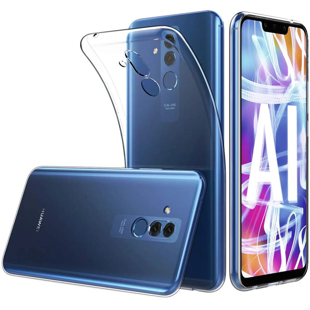 Blaues Huawei Mate 20 Lite mit transparentem Slim Case, von vorne und hinten gezeigt.