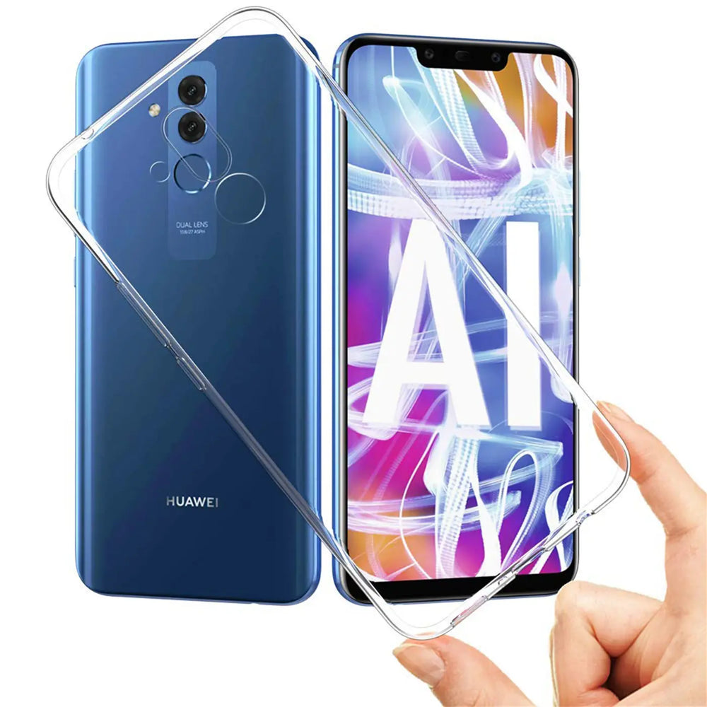 Klarer Handyhülle aus Silikon, von vorne und hinten, auf einem blauen Huawei Mate 20 Lite.