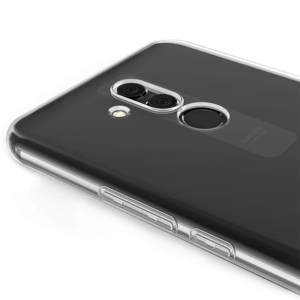 Huawei Mate 20 Lite in klarem, dünnem Silikoncase, Rückseite von oben links, Kamera und Fingerabdrucksensor sichtbar.