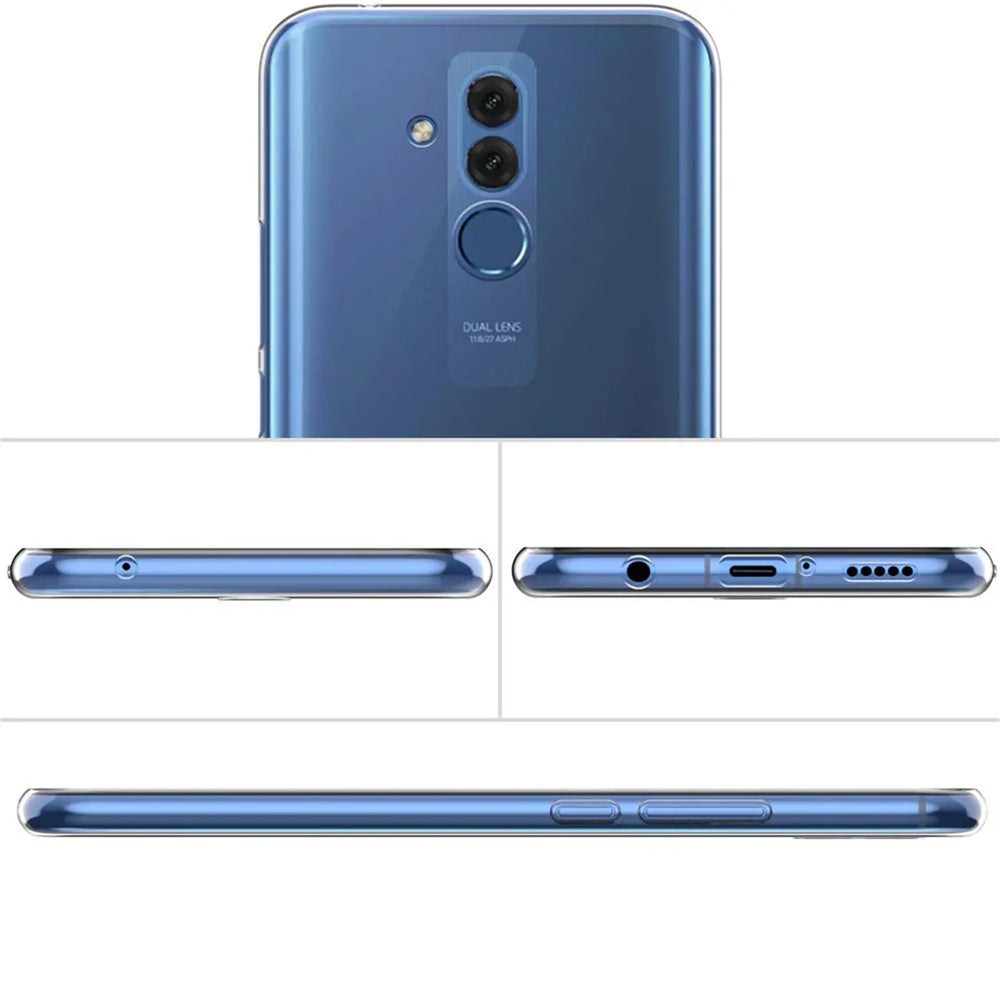 Blaues Huawei Mate 20 Lite, Rückseite, Seitenansicht, Unterseite, Oberseite, klare Hülle