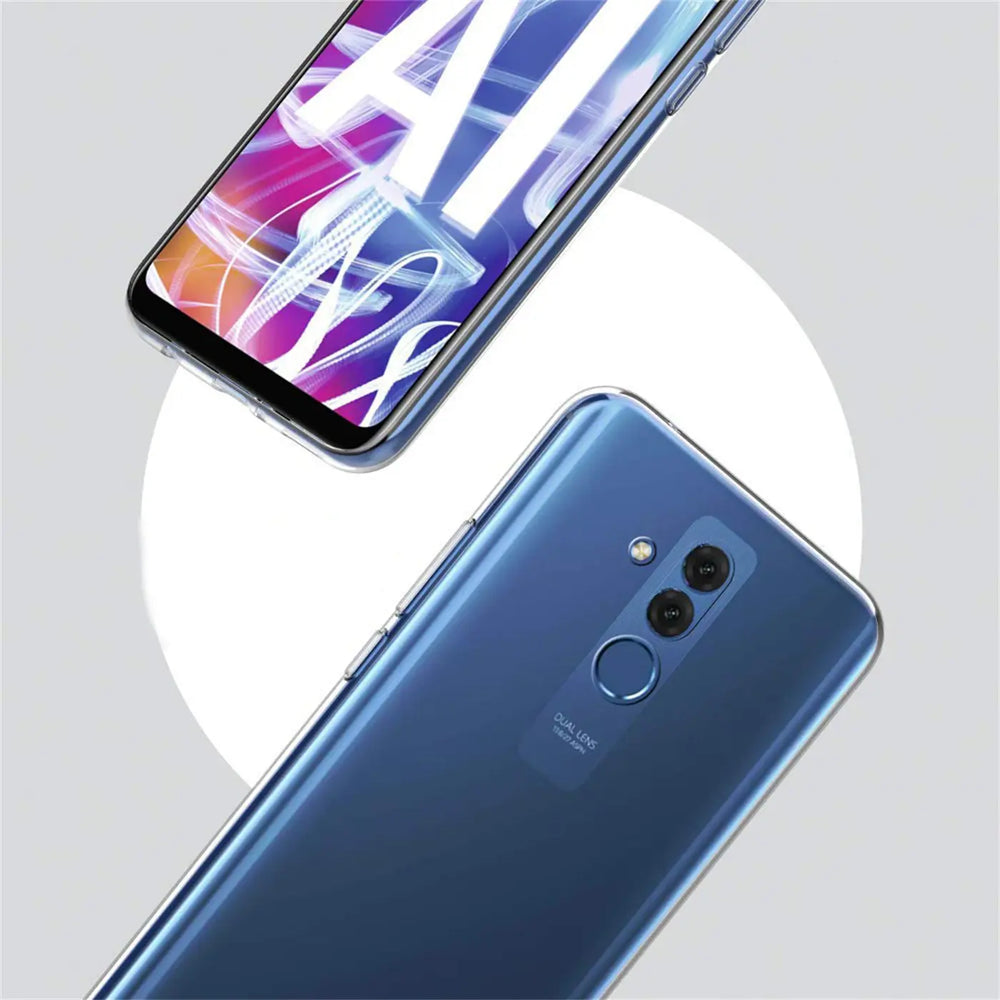 Blaues Huawei Mate 20 Lite mit klarem Case, Rückseite und Vorderseite, von oben schräg fotografiert.