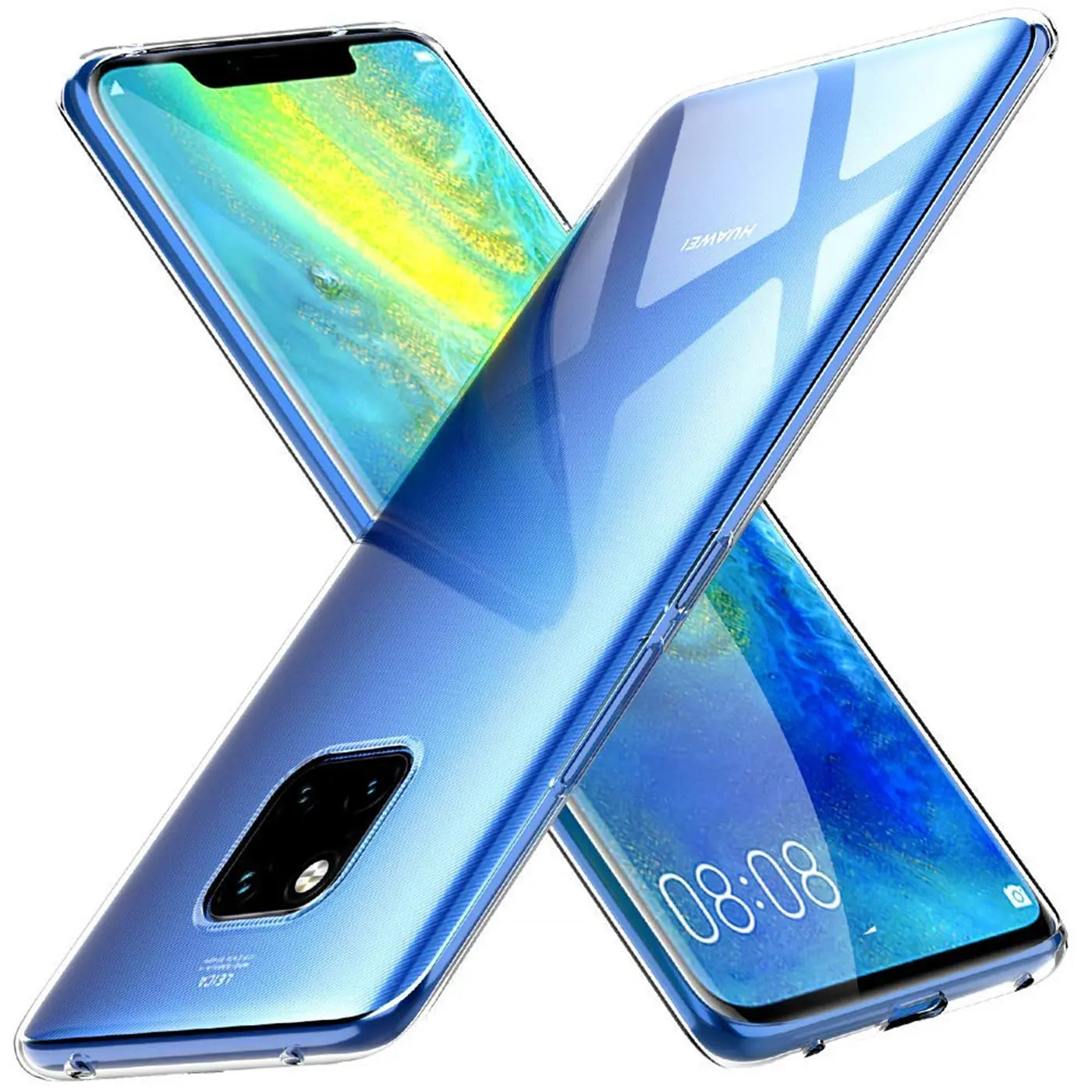 Zwei Huawei Mate 20 Pro in klarem, dünnem Kunststoffgehäuse, von schräg oben betrachtet.