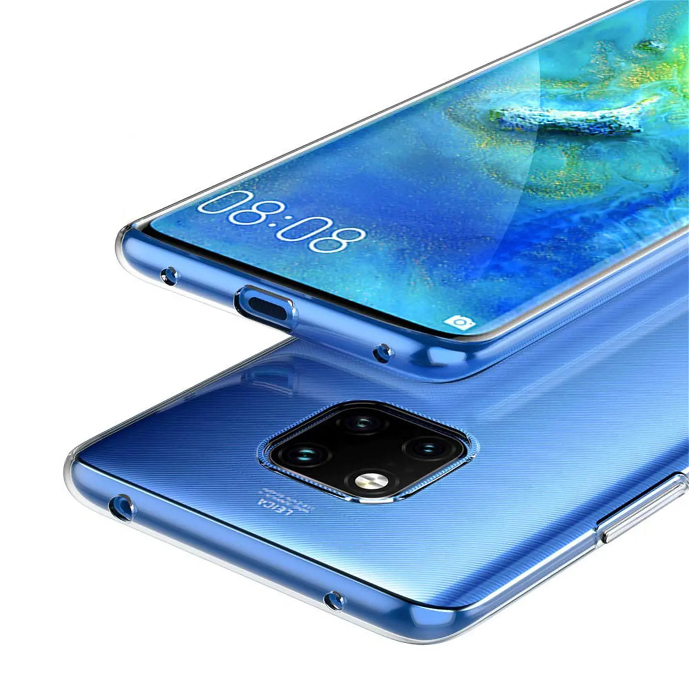Durchsichtiges Slim Case auf blauem Huawei Mate 20 Pro, von schräg oben fotografiert.