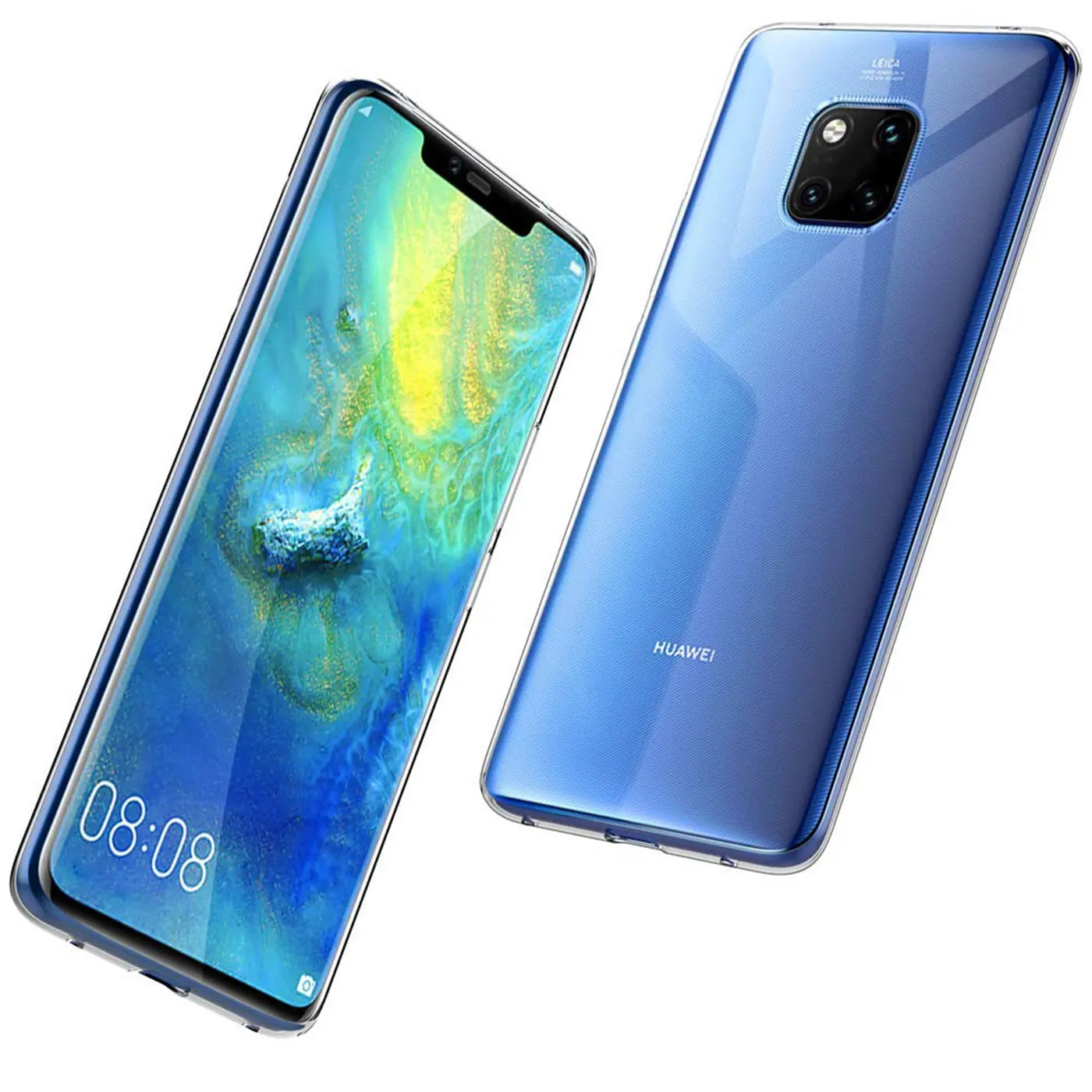 Blaues Huawei Mate 20 Pro in transparentem Slim Case, Vorder- und Rückansicht